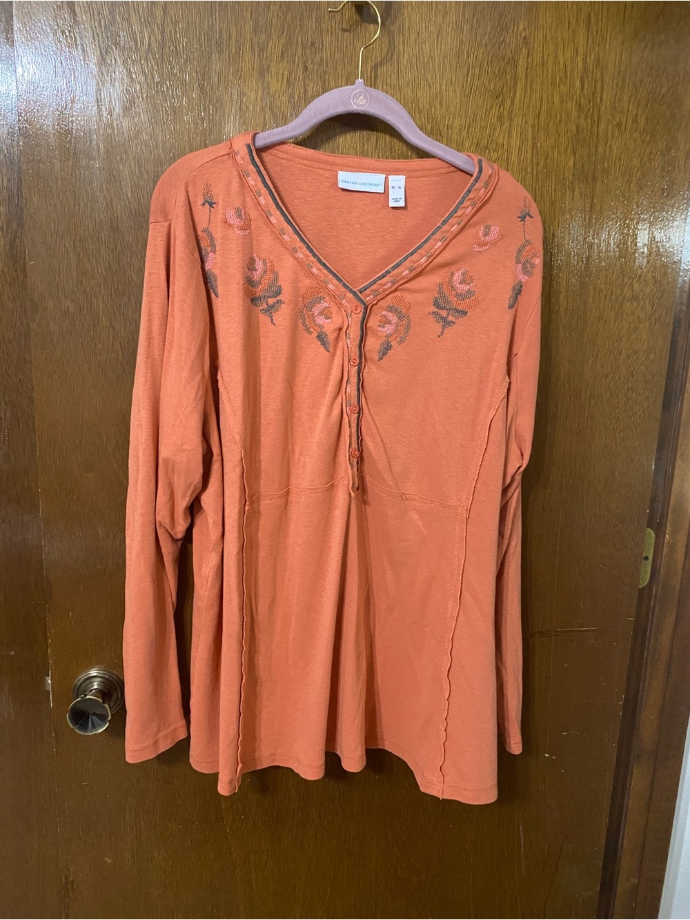 Canyon Retreat Coral Embroidered V-Neck Long-Sleeve Tee